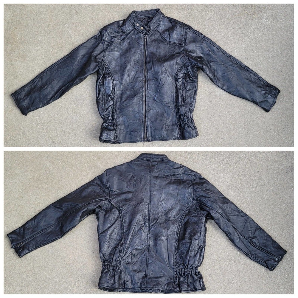 Vtg Diamond Plate Genuine Leather Quilted Moto Bomber Jacket